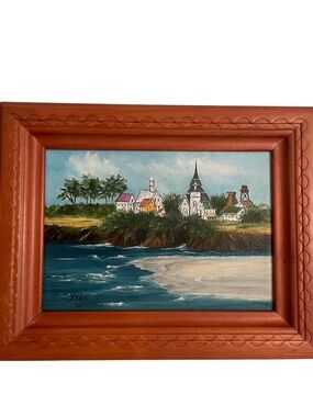 Vintage framed coastal scene original artwork painting